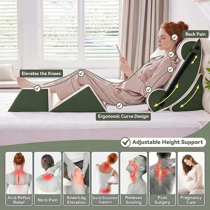 7PCS Wedge Pillow Set for After Surgery,Bed Orthopedic Pillow for Sleeping, Memory Foam Back Pillow for Pain Relief and Acid Reflux, Adjustable Sitting Up for Bed Post Surgery Pillow Green