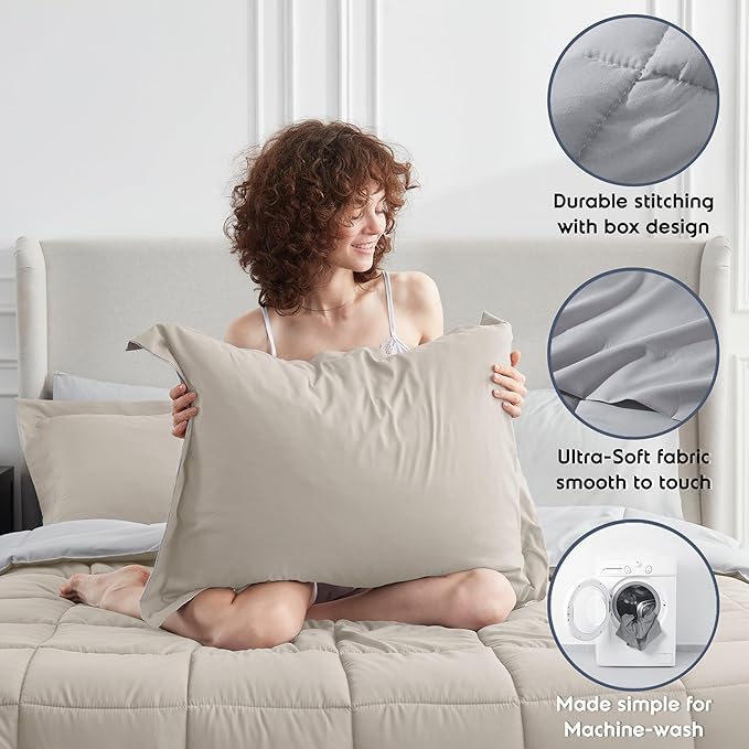 Nestl 9 Piece King Comforter Set – Beige Reversible Bed in a Bag – Complete King Size Bedding Set with Sheets, Set of 2 Cooling Pillows, Pillowcases and Shams