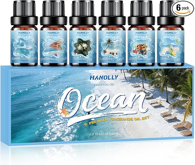 Ocean Essential Oils Set, Summer Essential Oils for Diffusers for Home, Beach Fragrance Oils for Candles & Soap Making, Scented Oils for Blue Sky, Wind, Coast, Sunshine & Fruit, Fresh Beach, Myrtle