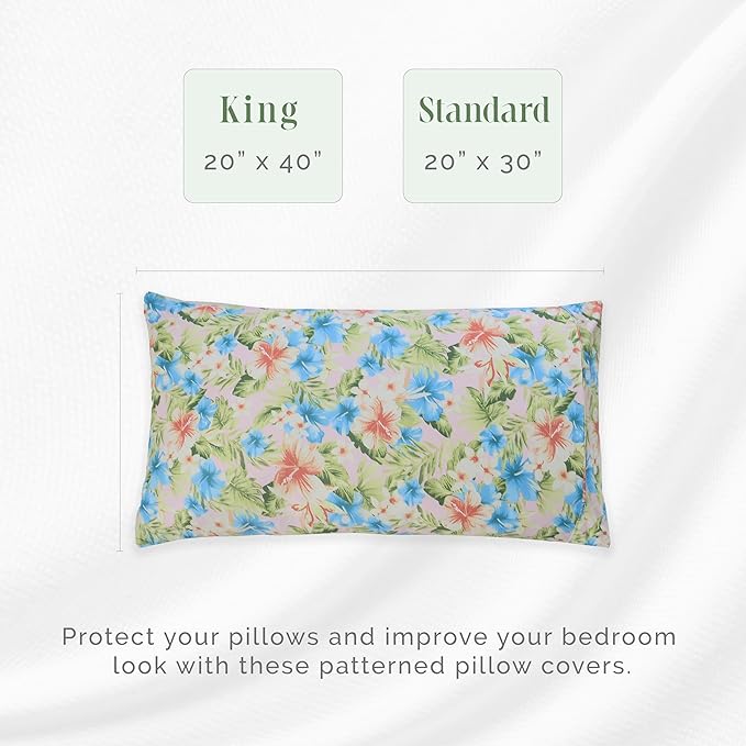 Elegant Comfort Ultra Soft Set of 2 Floral Print Pillowcases - 1500 Premium Hotel Quality Microfiber, Soft and Smooth Envelope Closure 2-Piece Pillow Covers - King, Magnolia