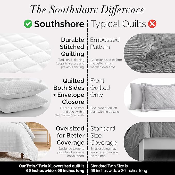Southshore Fine Living, Inc. XL Twin Quilt Set, Microfiber Quilted Bedspread, White Bedding Twin Coverlet w/Pillow Sham, Pet Hair Resistant Bedding Coverlet Set, Quilted Coverlet, Bright White Quilt