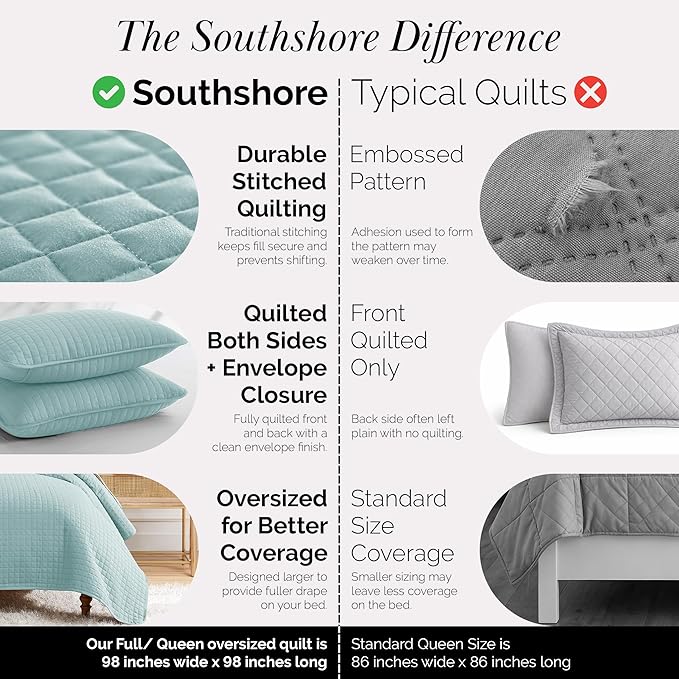 Southshore Fine Living, Inc. Bed Quilts Queen Size with 2 Pillow Shams, Full Bedding Set, Pet Hair Resistant Bedding, Quilt Coverlet Bedspreads Queen Size, Full Bedspread with 2 Pillow Shams, Sky Blue