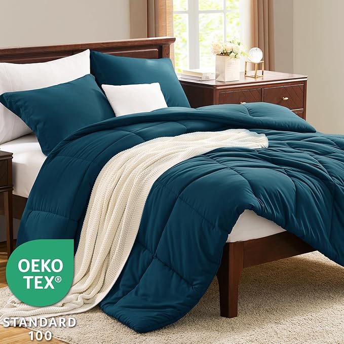 CozyLux King Size Comforter Set - Lyons Blue Comforter King, 3 Pieces Box Stitched Bed Set for All Seasons, Soft Lightweight Bedding Sets with 1 Down Alternative Comforter and 2 Pillow Shams
