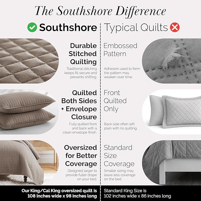 Southshore Fine Living, Inc. Oversized Quilt, King Size Bedding Set, Soft Microfiber, Easy Care Stain and Pet Hair Resistant Bedding, California/King Size Quilt Bedspread Set w/2 Shams, Dark Taupe