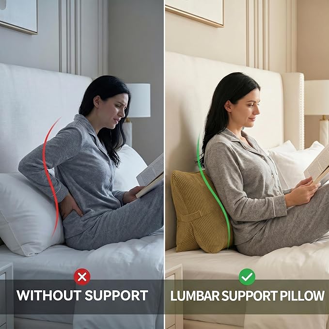 Pat. Pend. Corduroy Lumbar Support Back Pillow for Reading & Lounging, Ergonomic Triangle Cushion for Sofa, Armchair & Bed Sitting, Removable Washable Cover, Mustard Yellow