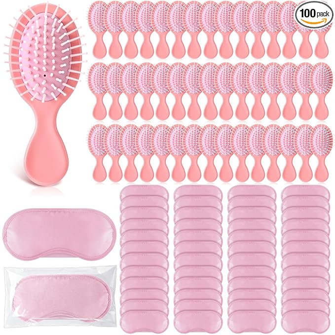Meanplan 100 Pcs Mini Hair Brush Set 50 Sleep Mask 50 Portable Wet Dry Hair Combs Detangling for Women Spa Sleepover Party Supplies for Travel Team Building Wedding Bridesmaid Gifts(Pink)