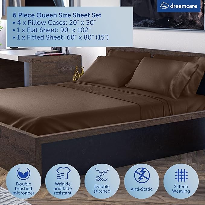 DREAMCARE Queen Sheet Set - 6 pcs Breathable Cooling Bed Sheets - up to 15" Deep Pocket Queen Sheets Set with Side Pockets - Extra Soft 100% Brushed Hypoallergenic Hotel Luxury Bedding -Mocha Brown