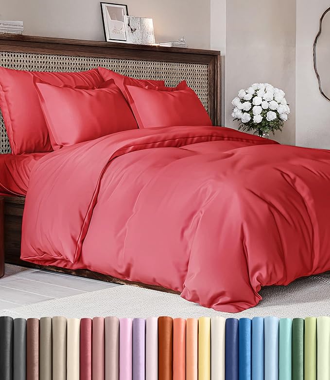 Duvet Cover King Size Set - Extra Soft King Duvet Cover 104" x 90" with 2 Pillow Shams - Hotel Luxury, Easy Care and Fade Free w/ Zipper Closures & Ties - All Season, Comfy, Cozy & Breathable (Red)