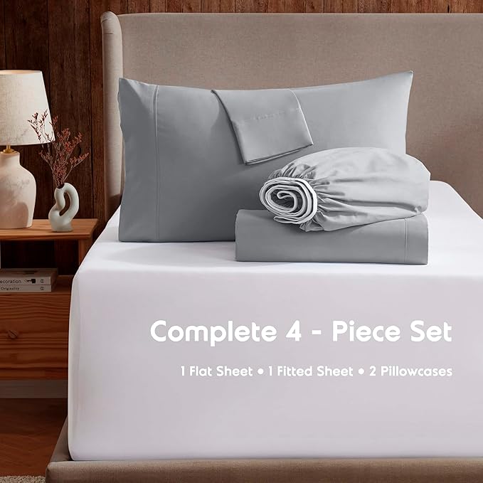 Nestl Extra Deep Twin Sheet Set - 4 Piece Breathable & Cooling Sheets - Hotel Luxury Bedding Set w/18-24 Inch Deep Pockets - Easy & Secure Fit - Super Soft, Wrinkle Free & Comfy - Grey