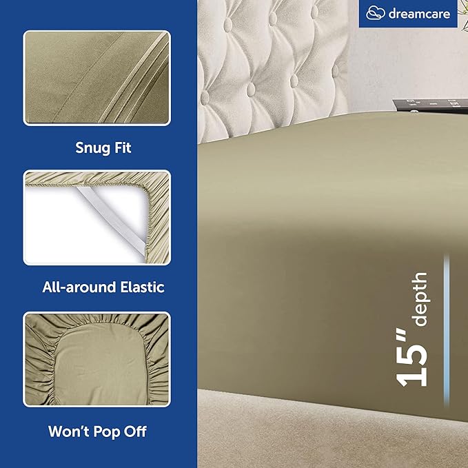 DREAMCARE King Size Sheets Set - 6 pcs Breathable Cooling Bed Sheets - up to 15" Deep Pocket King Sheet Set with Side Pockets - Extra Soft 100% Brushed Hypoallergenic Hotel Luxury Bedding - Eucalyptus