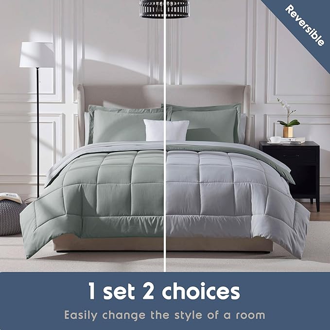 Nestl 9 Piece Full Comforter Set – Sage Green Reversible Bed in a Bag – Complete Full Size Bedding Set with Sheets, Set of 2 Down Alternative Pillows, Pillowcases and Shams