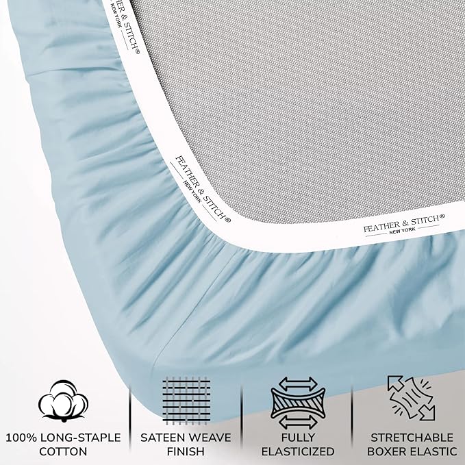 Feather & Stitch 500 TC Full Size 4pc Damask Bed Sheet Set, 100% Soft Cotton Breathable Bedsheets, 18" Deep Pockets Sateen Weave Solid Bedding Mattress Resort Hotel Luxury Decor - (Feather Blue)