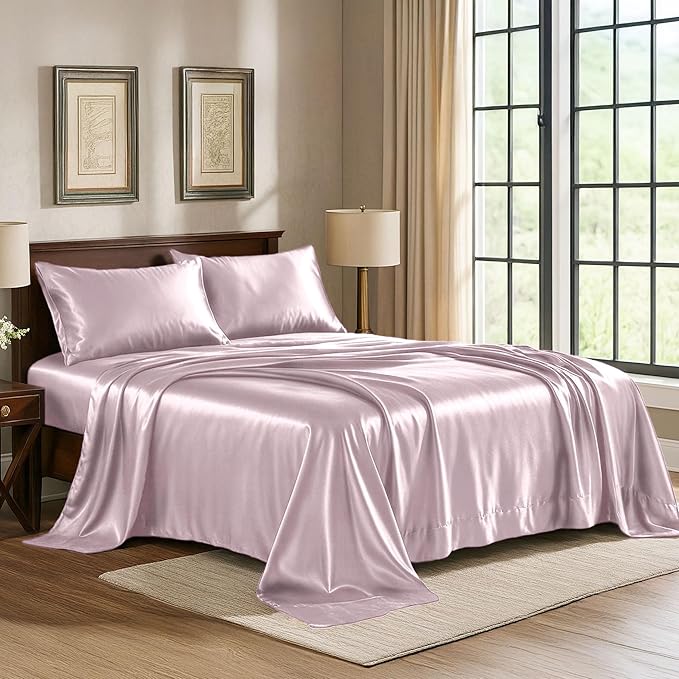 Pure Bedding Satin Sheets Twin [3-Piece, Champagne Pink] Hotel Luxury Silky Bed Sheets - Extra Soft 1800 Microfiber Sheet Set, Wrinkle, Fade, Deep Pocket Fitted Sheet, Flat Sheet, Pillow Cases