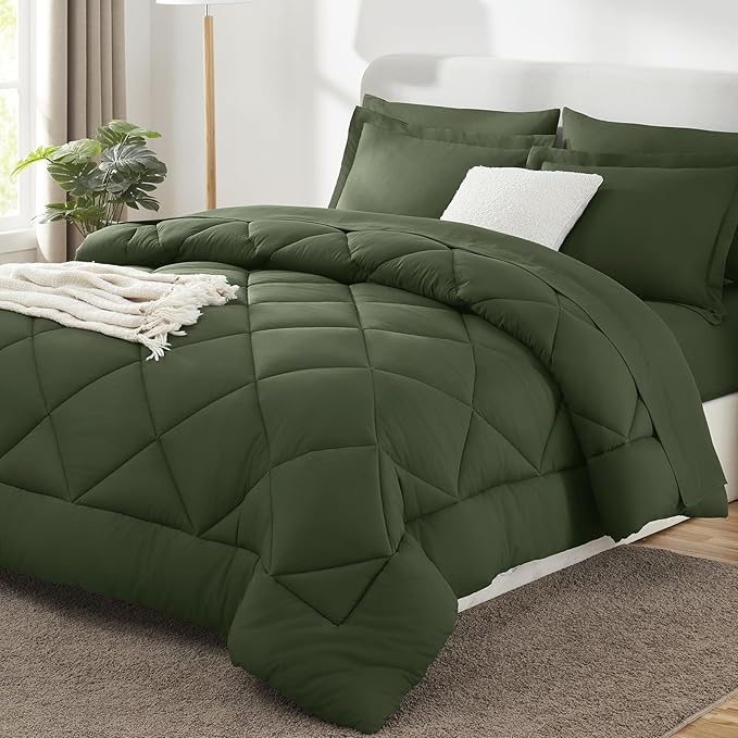 CozyLux Oversized King Comforter Set Olive Green - 7 Pieces Bed in a Bag Comforter Set with Sheets, Luxury Soft Bed Set, Bedding Set with Down Alternative Comforter, Sheets, Pillowcases & Shams