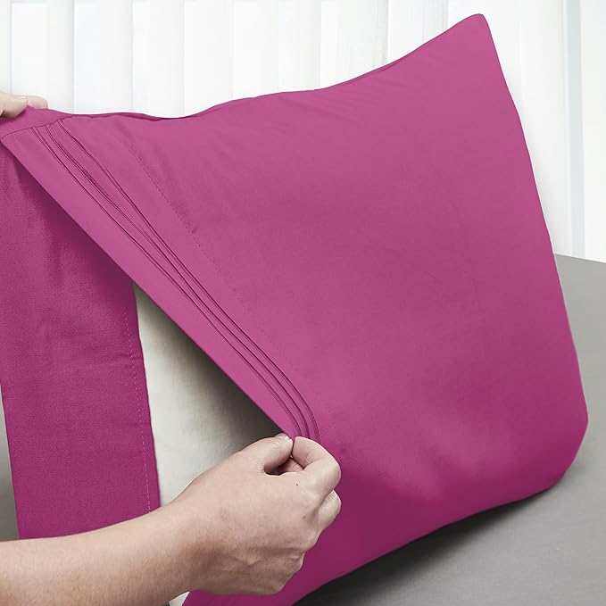 Mocassi 2-Piece Premium King Pillowcase Set 1800 Series Hotel Quality Microfiber - Soft and Breathable with 3-Line Embroidery Wrinkle and Stain Resistant, Easy Care, 20" x 40", Hot Pink