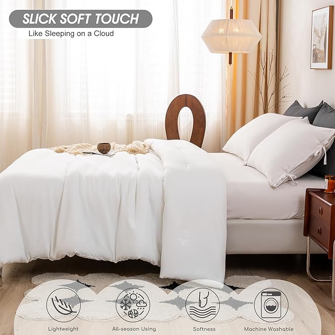 Softness White Comforter King - Cozy Polycotton Bedding Set - Comfy Fluffy Down Alternative Comforter King Size and 2 Pillow Case - Comfortable Lightweight but Warm Bed Blanket All Season
