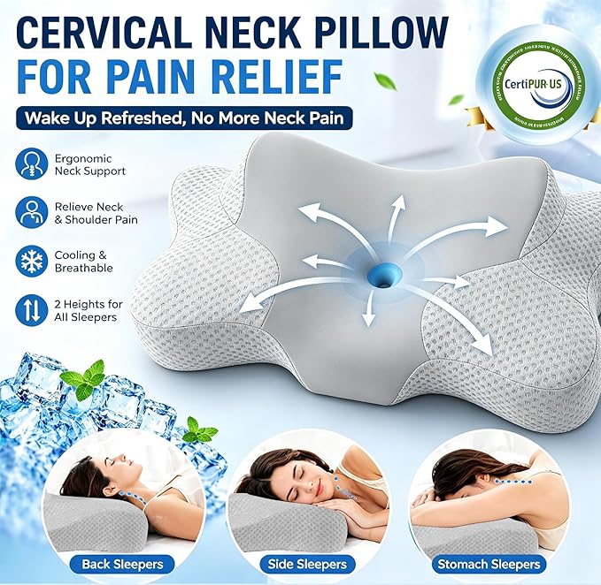 Cervical Pillow for Neck Pain Relief, Sleep Apnea Pillow, Cooling Memory Foam Pillow Ergonomic Orthopedic Contour for Side, Back and Stomach Sleepers, 2 in 1 Neck Shoulder Relief System Bed Pillow