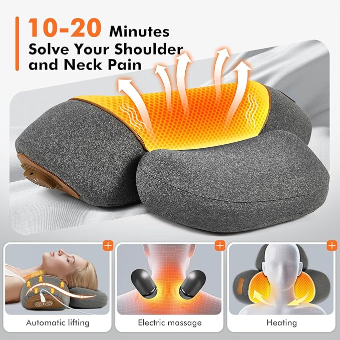 Cordless Electric Neck Massager Pillow for Pain Relief Deep Tissue, 3-in-1 Rechargeable Neck Cervical Traction Device with Heat, Massage, Electric Stretch, Ergonomic Neck Shoulder Relaxer