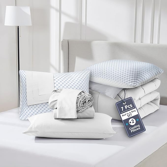 Nestl 9 Piece California King Comforter Set – White Reversible Bed in a Bag – Complete Cal King Size Bedding Set with Sheets, Set of 2 Cooling Pillows, Pillowcases and Shams
