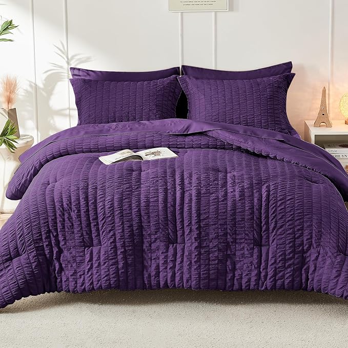 HYMOKEGE Dark Purple Queen Comforter Set Seersucker 7 Pieces, All Season Luxury Bed in a Bag Queen for Bedroom, Bedding Set with Comforter, Sheets, Pillowcases & Shams