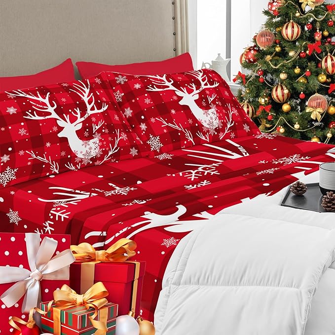 YIYEA Christmas Pillow Cases Queen Size Set of 4, Ultra Soft Double Brushed Microfiber Red Pillowcases and Christmas Pillow Covers, Envelope Closure, Fade Resistant (20"x30")