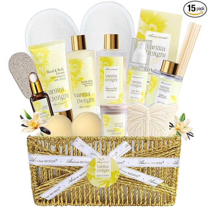Spa Gifts for Women, 15Pcs Vanilla Rose Women Spa Gift Baskets w/Body Mist, Diffuser, Bath Bomb. Relaxing Bath Sets, Mothers Day Gifts for Mom, Unique Birthday Gift Basket