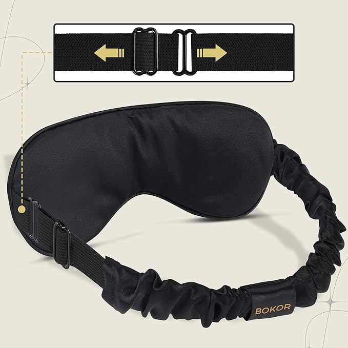 BOKOR Adjustable Silk Sleep Mask, Eye Mask for Sleep, Mulberry Silk Luxury Eye Cover, 100% Light-Blocking, Improve Sleep, with Travel Bag - Black