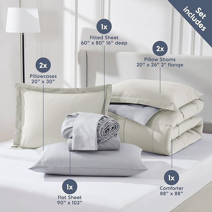 Nestl 9 Piece Queen Comforter Set – Off White Reversible Bed in a Bag – Complete Queen Size Bedding Set with Sheets, Set of 2 Cooling Pillows, Pillowcases and Shams