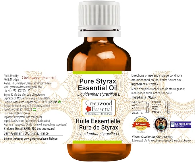 Deve Herbes Pure Styrax Essential Oil (Liquidambar styraciflua L) Steam Distilled 15ml (0.50 oz)
