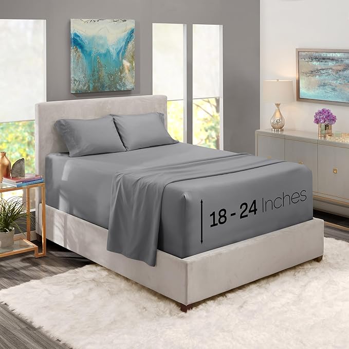 Nestl King Size Sheet Set, 4 Piece Extra Deep Pocket (18-24 inches), Microfiber, Hotel Luxury, Soft, Breathable, Wrinkle-Free, Easy to Care, Grey