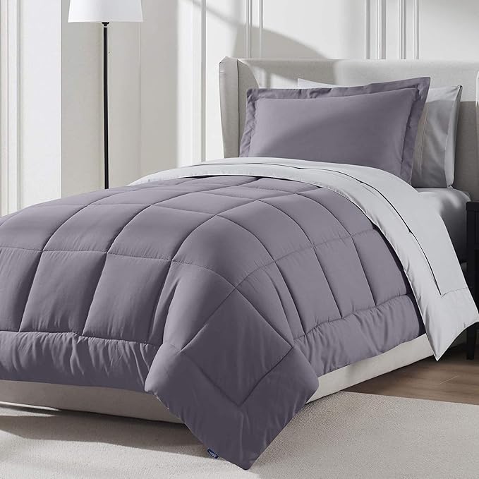Nestl 7 Piece Twin Comforter Set – Grayish Purple Reversible Bed in a Bag – Complete Twin Size Bedding Set with Sheets, Set of 2 Cooling Pillows, Pillowcase and Sham