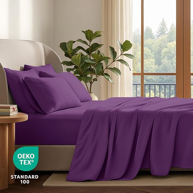 Bare Home Hotel Luxury King Sheet Set, Extra Soft - 6 Piece Set - Deep Pockets - Easy Fit - Cooling & Breathable - Wrinkle, Fade, Stain Resistant - Includes 4 Pillowcases (King, Plum)