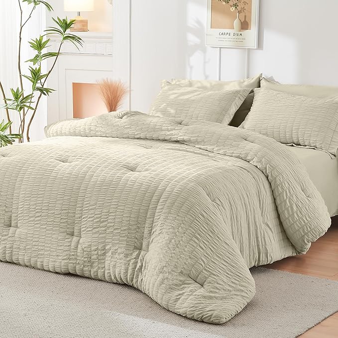 HYMOKEGE Light Linen California King Comforter Set Seersucker 7 Pieces, All Season Luxury Bed in a Bag for Bedroom, Bedding Set with Comforter, Sheets, Pillowcases & Shams