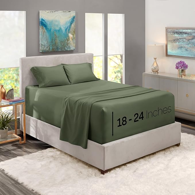 Nestl Twin Size Sheet Set, 4 Piece Extra Deep Pocket (18-24 inches), Microfiber, Hotel Luxury, Soft, Breathable, Wrinkle-Free, Easy to Care, Olive Green