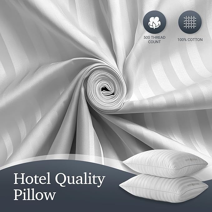 Hotel Grand Bed Pillows King Size Set of 2 Packs - 500 Thread Count 100% Cotton Medium Firm Hypoallergenic Feather Down Pillows Machine Washable Pillow for Back, Stomach or Side Sleepers, 20"x36"