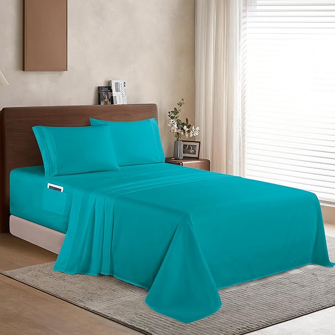 Elegant Comfort Luxury 1500 Premium Hotel Quality Microfiber 4-Piece Sheet Set - Soft, All Around Elastic 18-24 Inches Deep Fitted Sheet - Extra Deep Pocket Sheets, Full, Turquoise