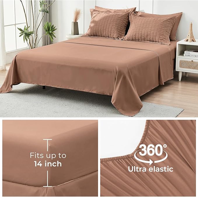 HYMOKEGE Mocha Mousse King Size Comforter Set Seersucker 7 Pieces, All Season Luxury Bed in a Bag for Bedroom, Bedding Set with Comforter, Sheets, Pillowcases & Shams
