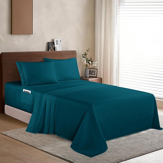 Elegant Comfort Luxury 1500 Premium Hotel Quality Microfiber 4-Piece Sheet Set - Soft, All Around Elastic 18-24 Inches Deep Fitted Sheet - Extra Deep Pocket Sheets, Queen, Marine Teal
