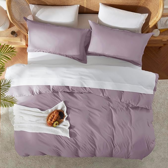 Nestl Full Duvet Cover Set with Comforter Insert - Dusty Purple 4 Piece 80x90 Duvet Cover & 2 Pillow Shams with White Quilted Down Alternative Comforter, Ultra Soft, All Season