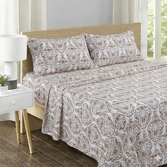 Feather & Stitch Printed 500 TC Full Size 4pc Damask Bed Sheet Set, 100% Soft Cotton Breathable Bedsheets, 18" Deep Pockets Sateen Weave Striped Bedding Mattress Resort Hotel Luxury - Floral Bloom