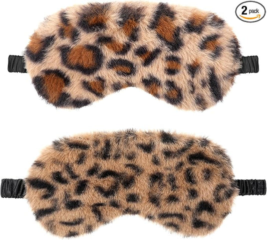 2 Pcs Plush Leopard Eye Mask Soft Sleeping Blindfold Eye Cover Comfortable Furry Faux Fur Sleeping Mask Satin Nap Night Eyeshade Cover for Women Men Gift (Brown, Coffee)