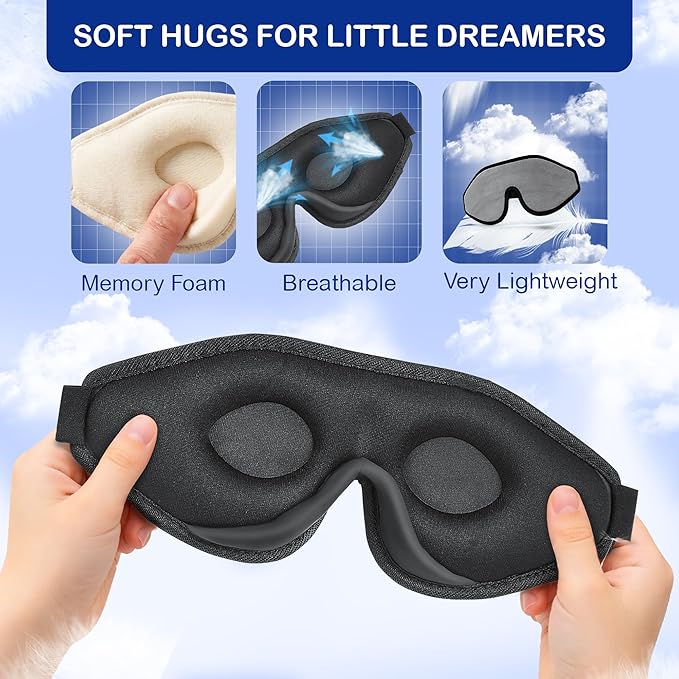 3D Sleep Mask for Kids, Light Block Sleeping Blindfold Memory Foam Contoured Eye Mask for Sleep, Adjustable Strap Eye Cover and Travel Sleep Mask for Boys Girls, Grey