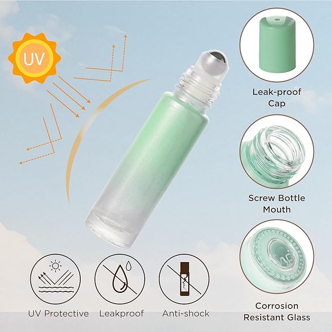 SESENSE Essential Oil Roller Bottles, 10ml Thick Glass Perfume Roller Bottles with Funnel Opener and Dropper Colored Glass Empty Bottles with Stainless Steel Roller Balls (Green, 4 Pack)
