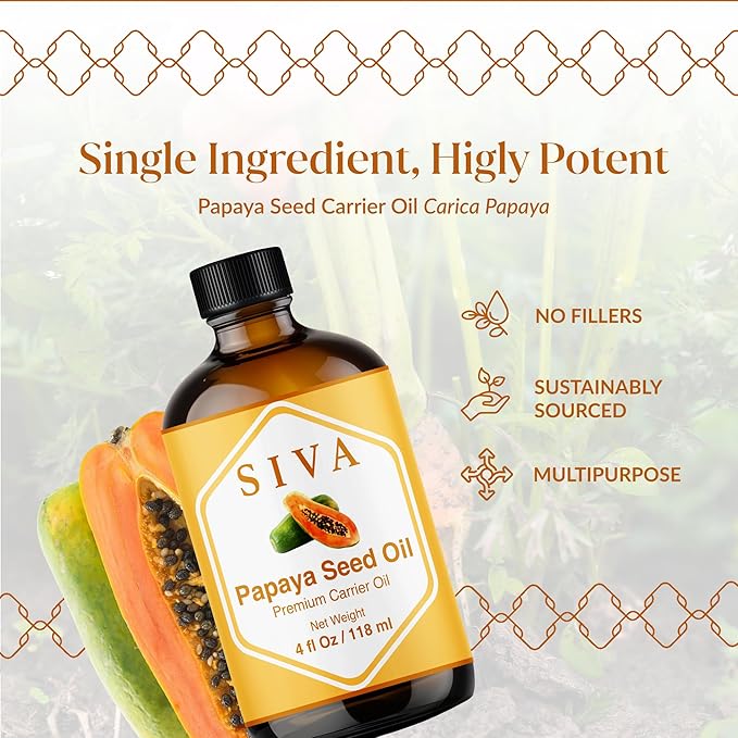 Siva Papaya Seed Oil 4oz (118ml) Premium Cold-Pressed 100% Natural Carrier Oil with Dropper for Face, Skin Care, Body Massage, Hair Care, Hair Oiling & Scalp Massage