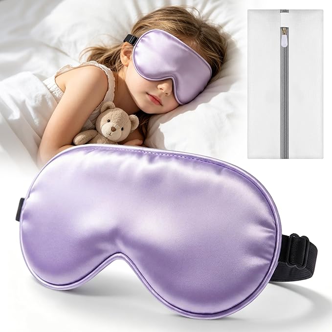 Kids Sleep Mask Eye Cover, Silk Sleeping Mask for Kids, Soft Blackout Blindfold Eye Mask with Adjustable Strap & Laundry Bag for Easy Washing, Gift for Girls Boys Ages 5-15 (Purple)