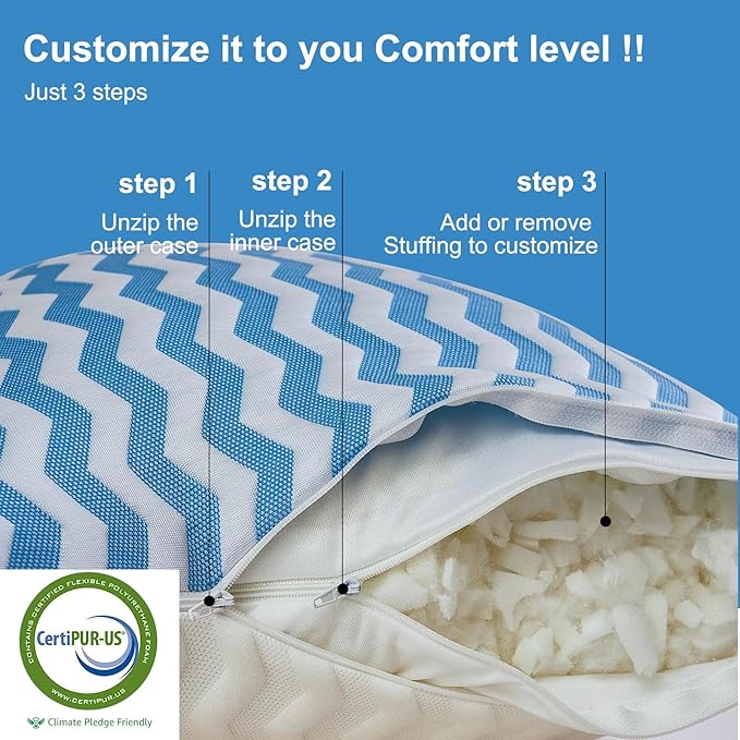 Pillows Standard Size Set of 2- Standard Pillows Set of 2 - Adjustable Firm Pillow for Back Stomach and Side Sleeper - Shredded Memory Foam Cooling Pillow for Neck and Shoulder Pain