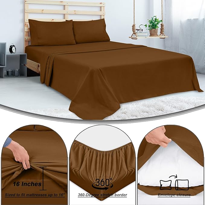 ROYALE LINENS 300 Thread Count 100% Long Staple Combed Cotton Sheet Set - 4 Piece Queen Bed Sheets - 1 Fitted, 1 Flat & 2 Pillow Cases - Soft Cool & Crisp Sheet Set (Queen, Chocolate)