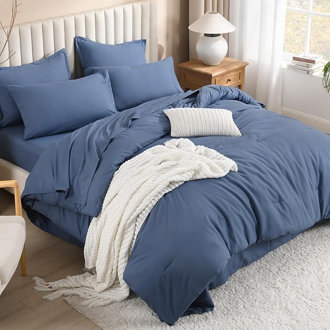 Litanika Super King Plus Comforter Sets Ocean Blue - 7 Pieces Bed in a Bag Beddding Sets, Solid Lightweight Bed Set with Comforter, Sheets, Pillowcases & Shams