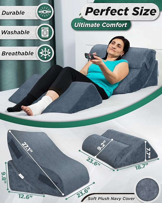 Lunix LX5 4-Piece Support for Shoulder & Upper Body Rest, Orthopedic Bed Wedge Pillow Set, Elevated Memory Foam for Post-Op Recovery & Sleep Comfort, Stone Navy