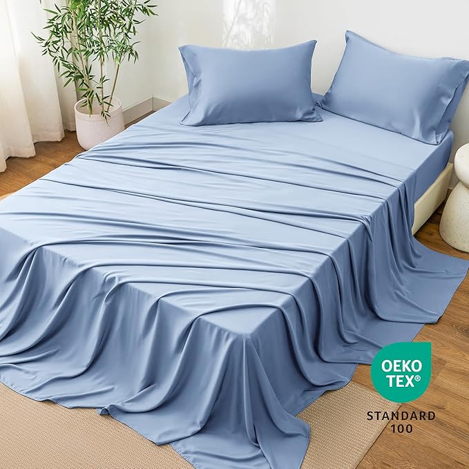 Love's cabin 4 Piece Full Size Sheet Set, 100% Rayon Derived from Bamboo, Cooling & Breathable, Soft Silky Deep Pocket up to 16", Hotel Luxury Bedding for Hot Sleepers, Mineral Blue